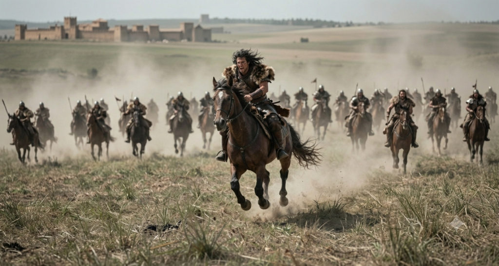 Atila el Huno a caballo liderando a los hunos contra Roma